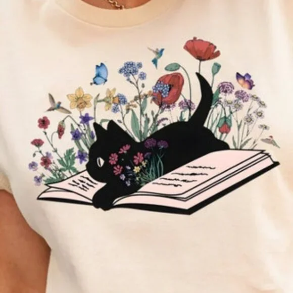 Floral Cat Shirt, Cat Lover T-shirt, Cat Book Shirt, Cat Lover Gift 91 - Picture 2 of 5